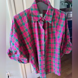 Entro Pink Green Plaid Babydoll Blouse Small Cottagecore Cotton Button down Top